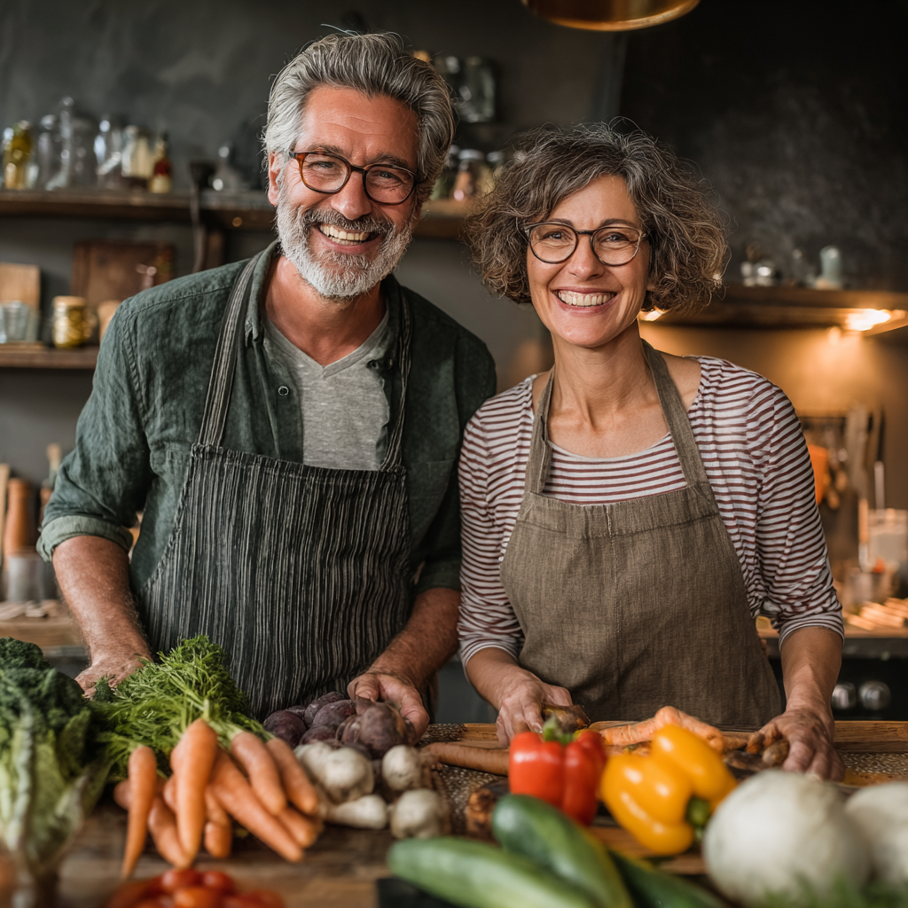 Happy middle-aged man and woman in their 50s cooking together in kitchen, smiling while preparing healthy meal with fresh vegetables, showing partnership in healthy lifestyle choices