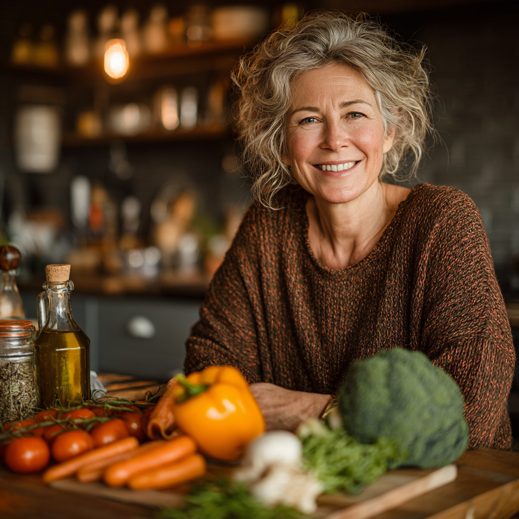 Mature woman in her 40s smiling while preparing fresh vegetables and healthy ingredients in a modern kitchen, embodying wellness and nutritious cooking lifestyle